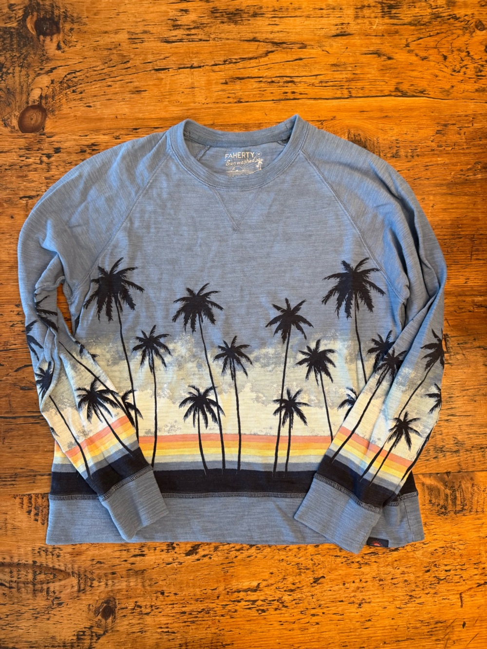 Faherty Blue Palm-Print Crewneck with Sunset Stripe